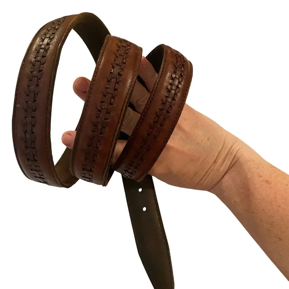 Handcrafted Brown Leather Belt Woven Detail Brass Buckle Made in Argentina 42